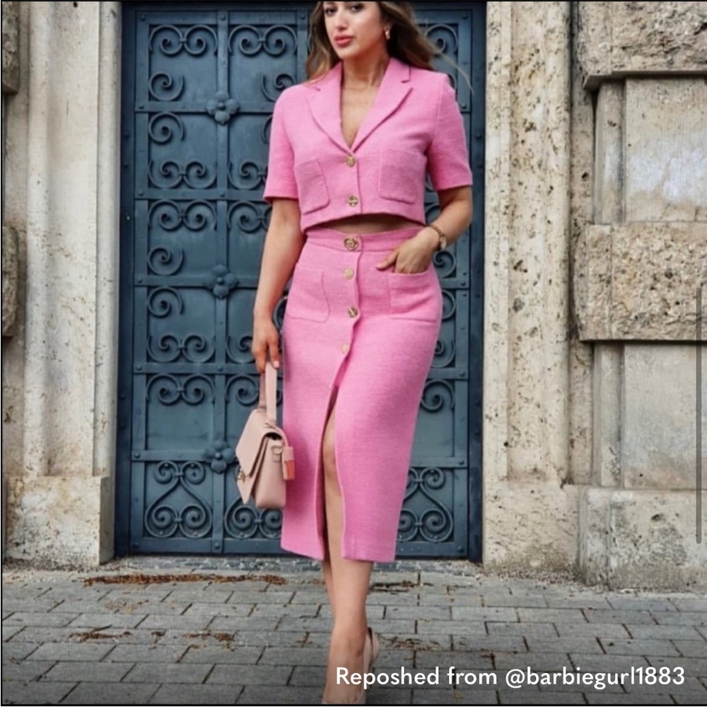 Zara Tweed Textured Midi Skirt Barbie Pink XS